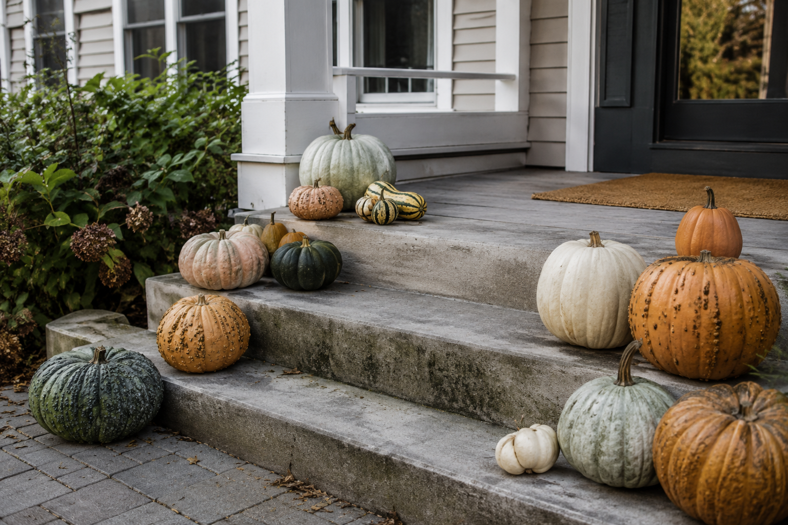 Real pumpkins in varied sizes grouped on porch steps