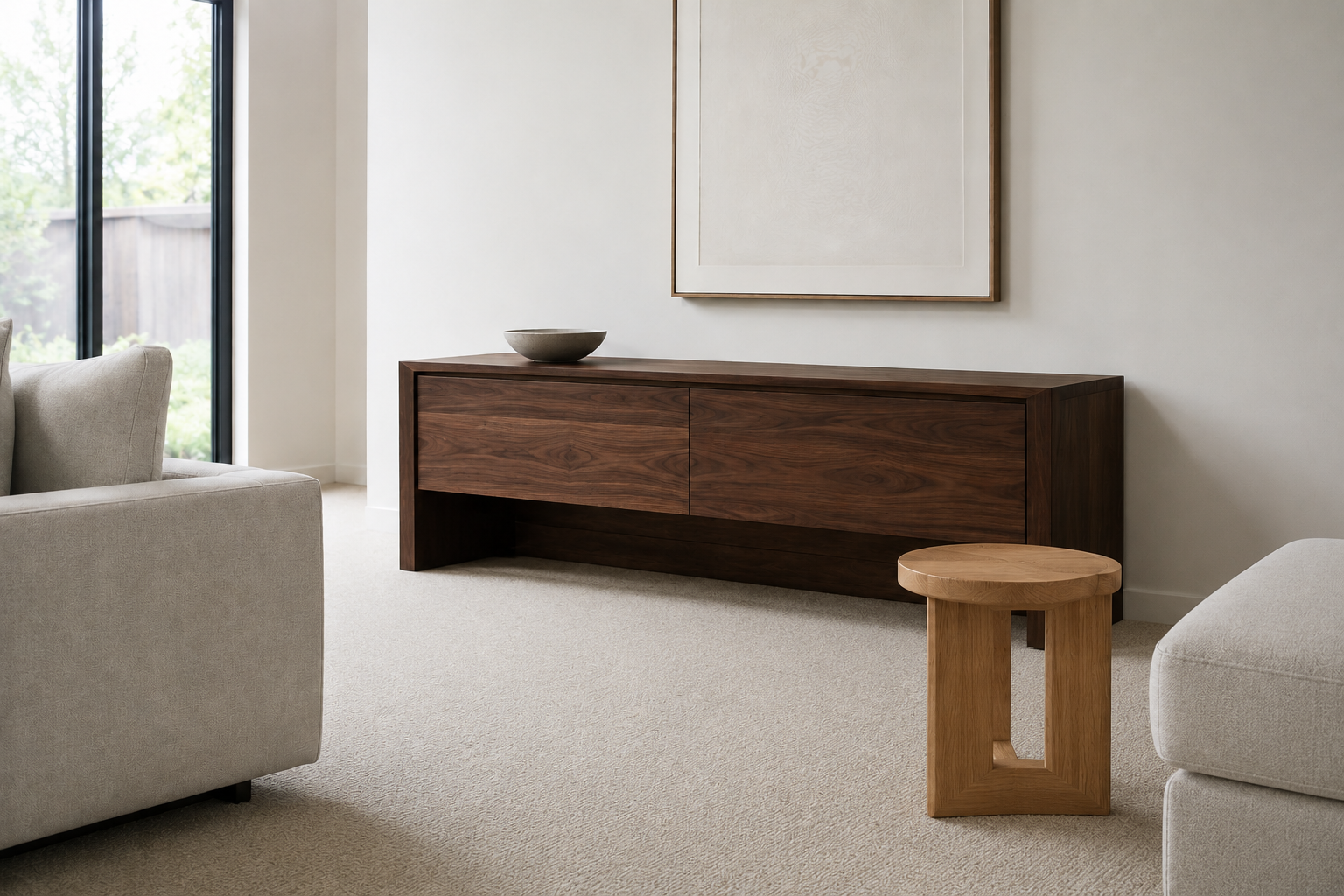 Living room with a walnut console as the anchor wood tone and an oak side table as the accent