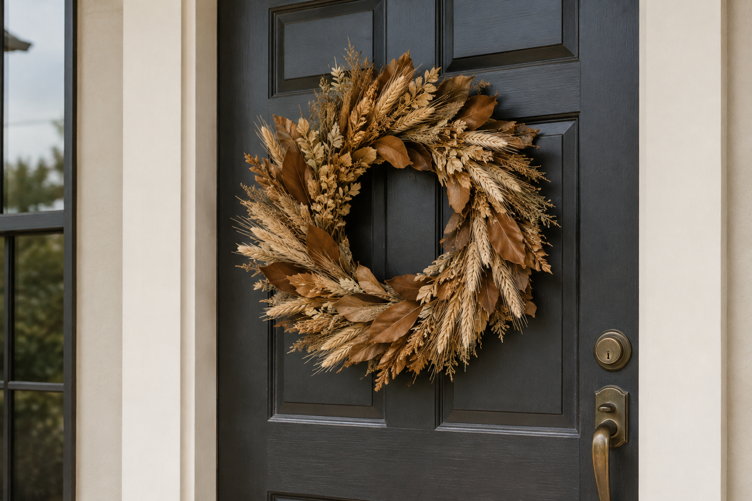 Dried leaf and wheat wreath hung on a front door