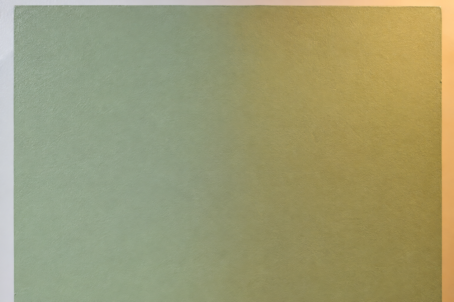 A green paint sample board showing its undertone shift under mixed daylight and lamp light