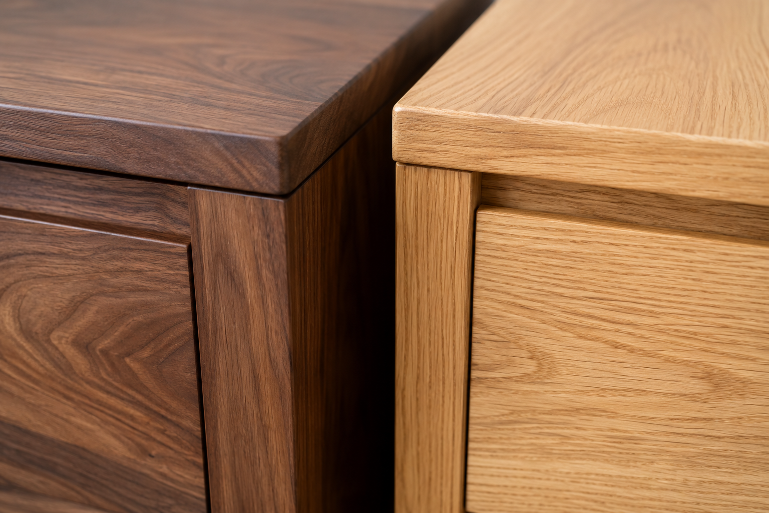 Walnut and warm white oak furniture edges shown together to compare undertone