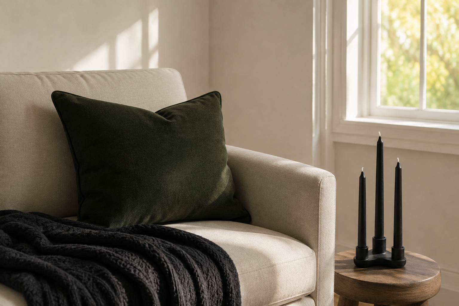 Living room corner styled with deep green and black Halloween accents