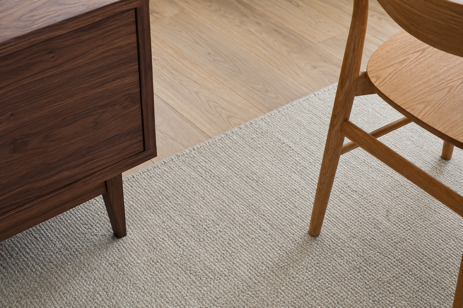 A wool rug separating a walnut console and an oak dining chair