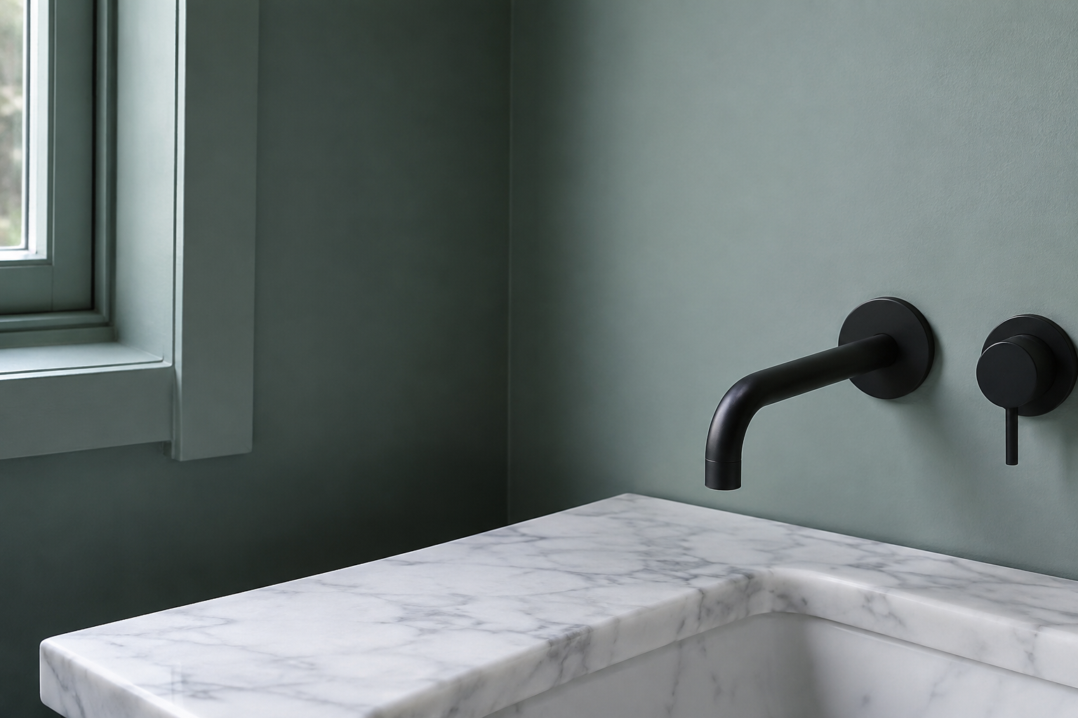 Cool blue-based green wall paired with matte black metal and white marble