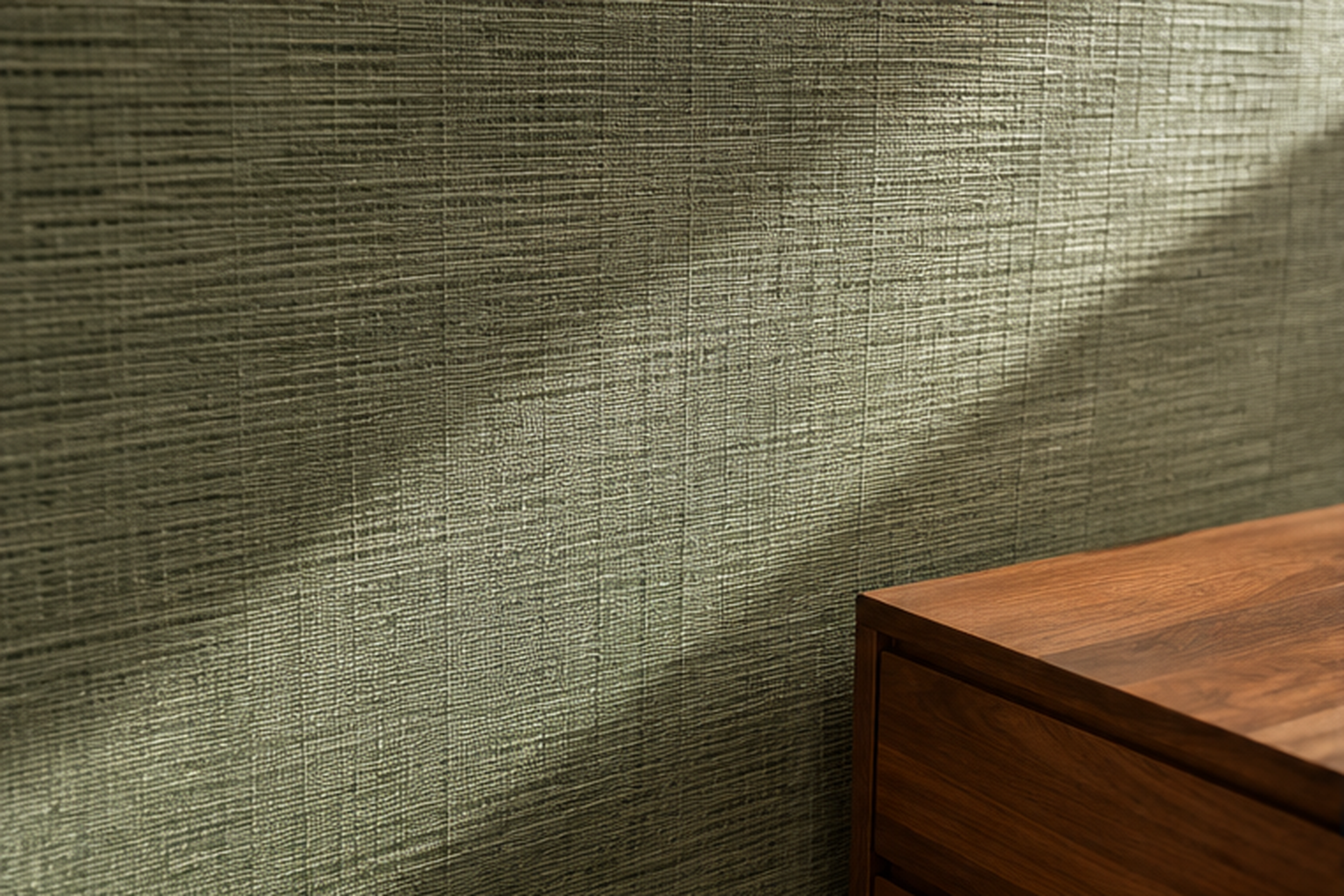 Sage green grasscloth wallcovering texture behind a bed