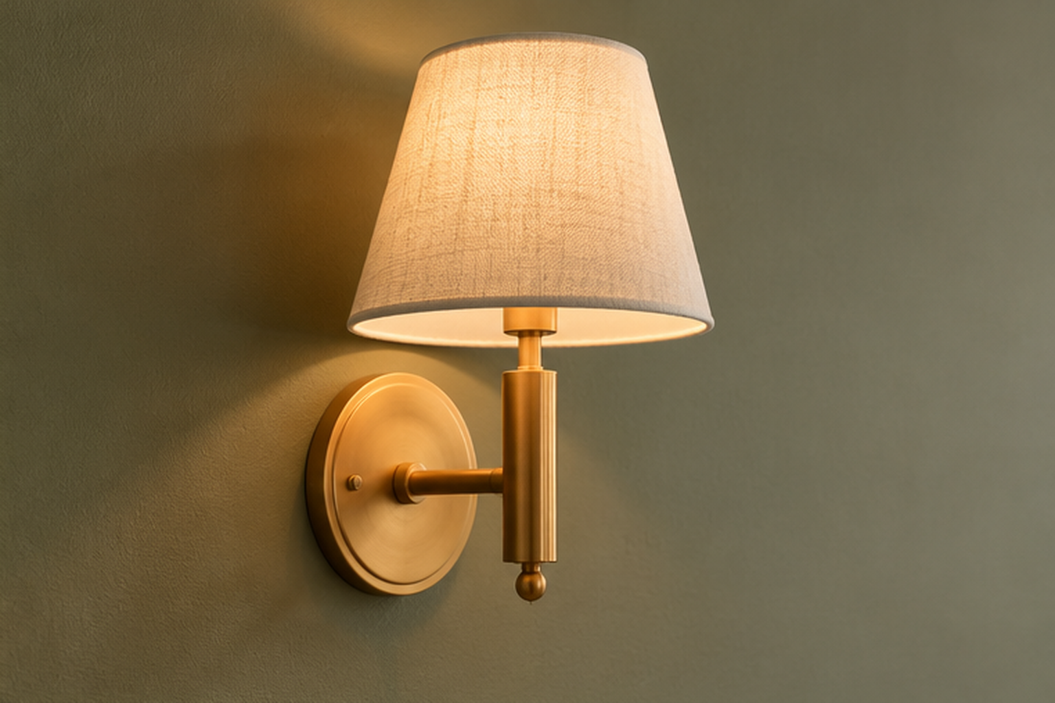 Brass sconce beside a sage green wall