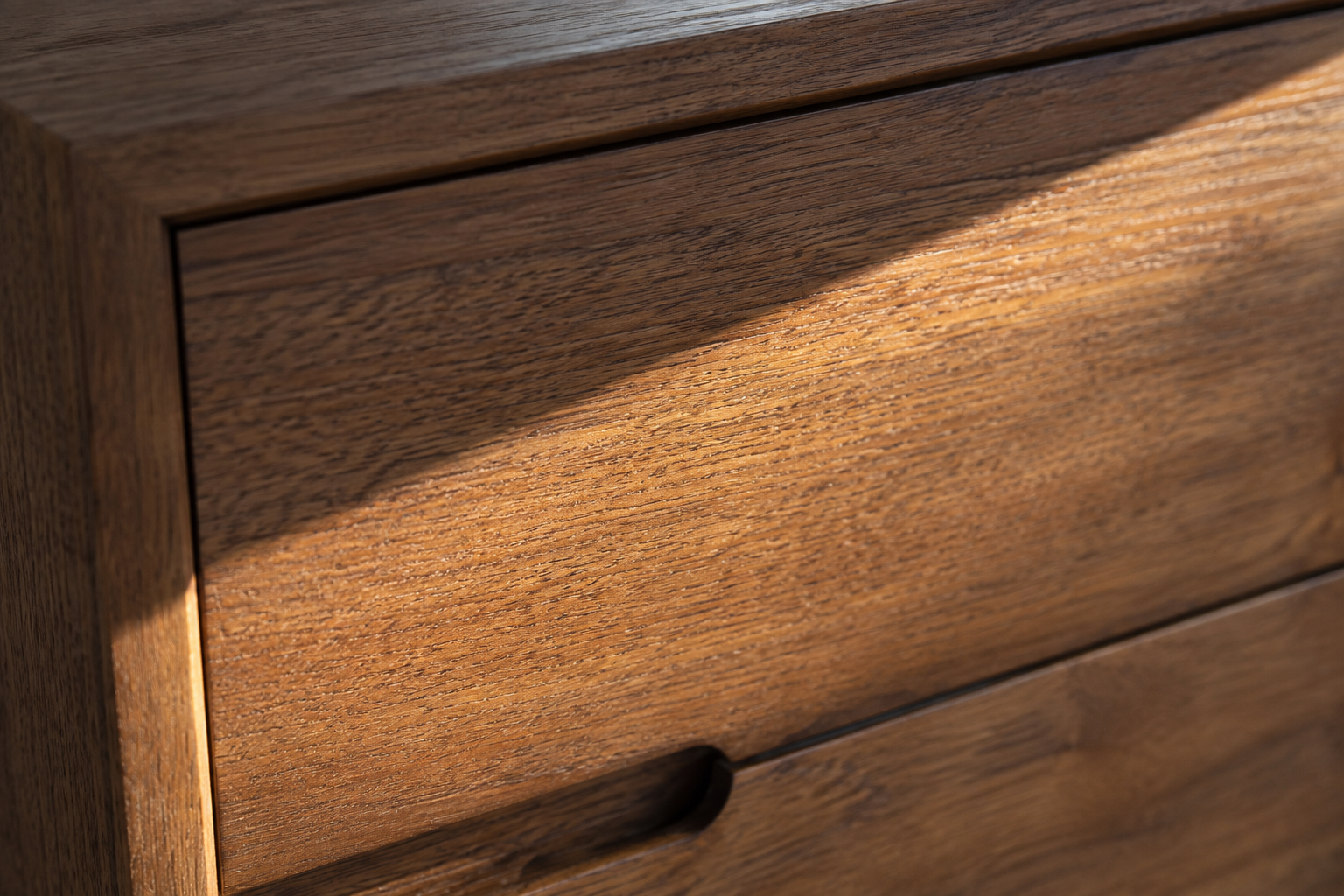 Wood drawer front in raking daylight showing its true undertone