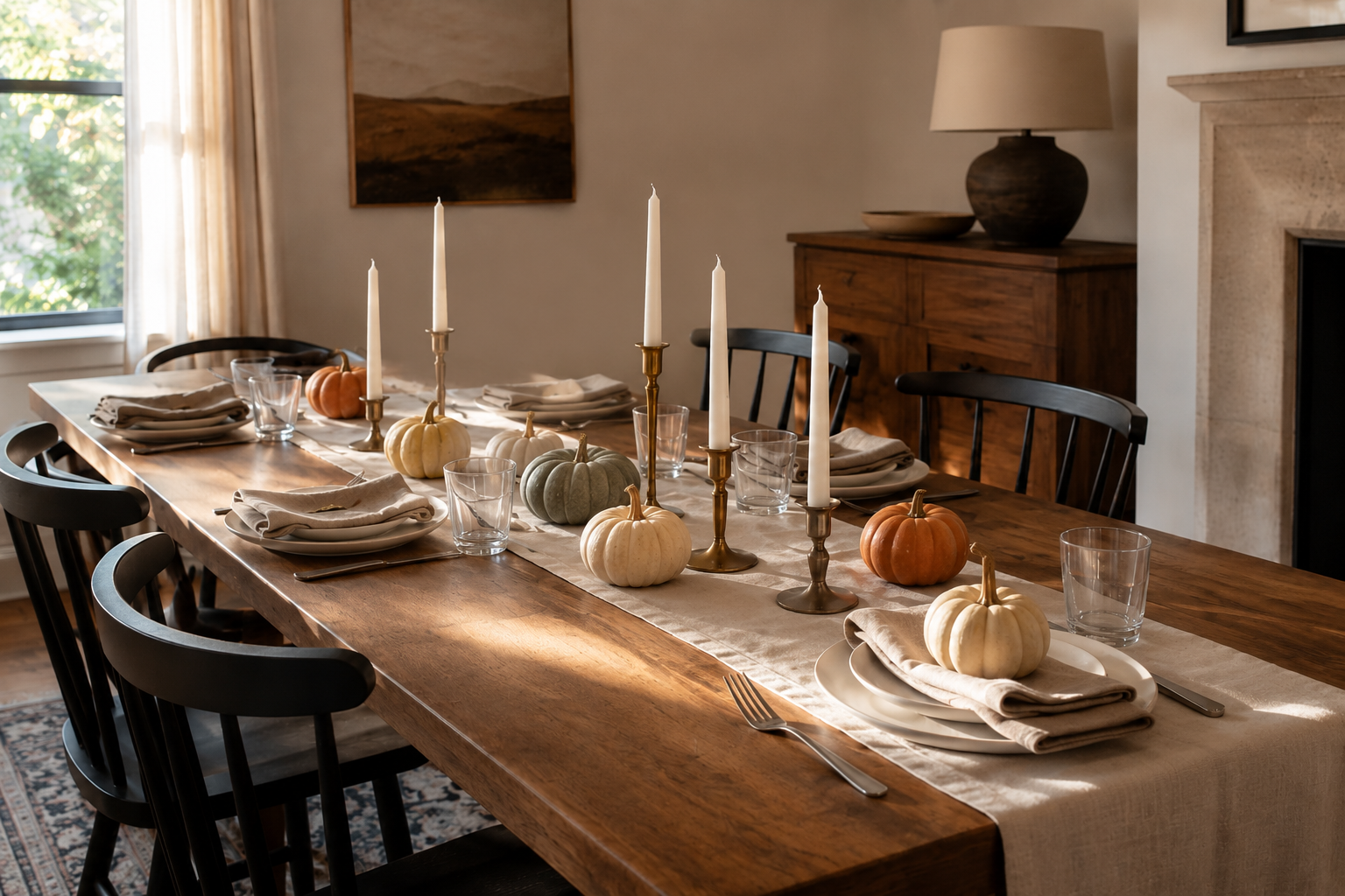 Dining table set with small pumpkins and warm neutral linens