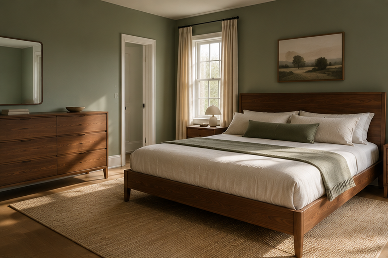 Walnut bed frame and dresser against a sage green bedroom wall
