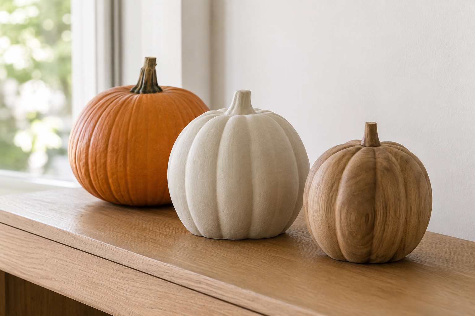 Ceramic and wood pumpkins styled on a console table