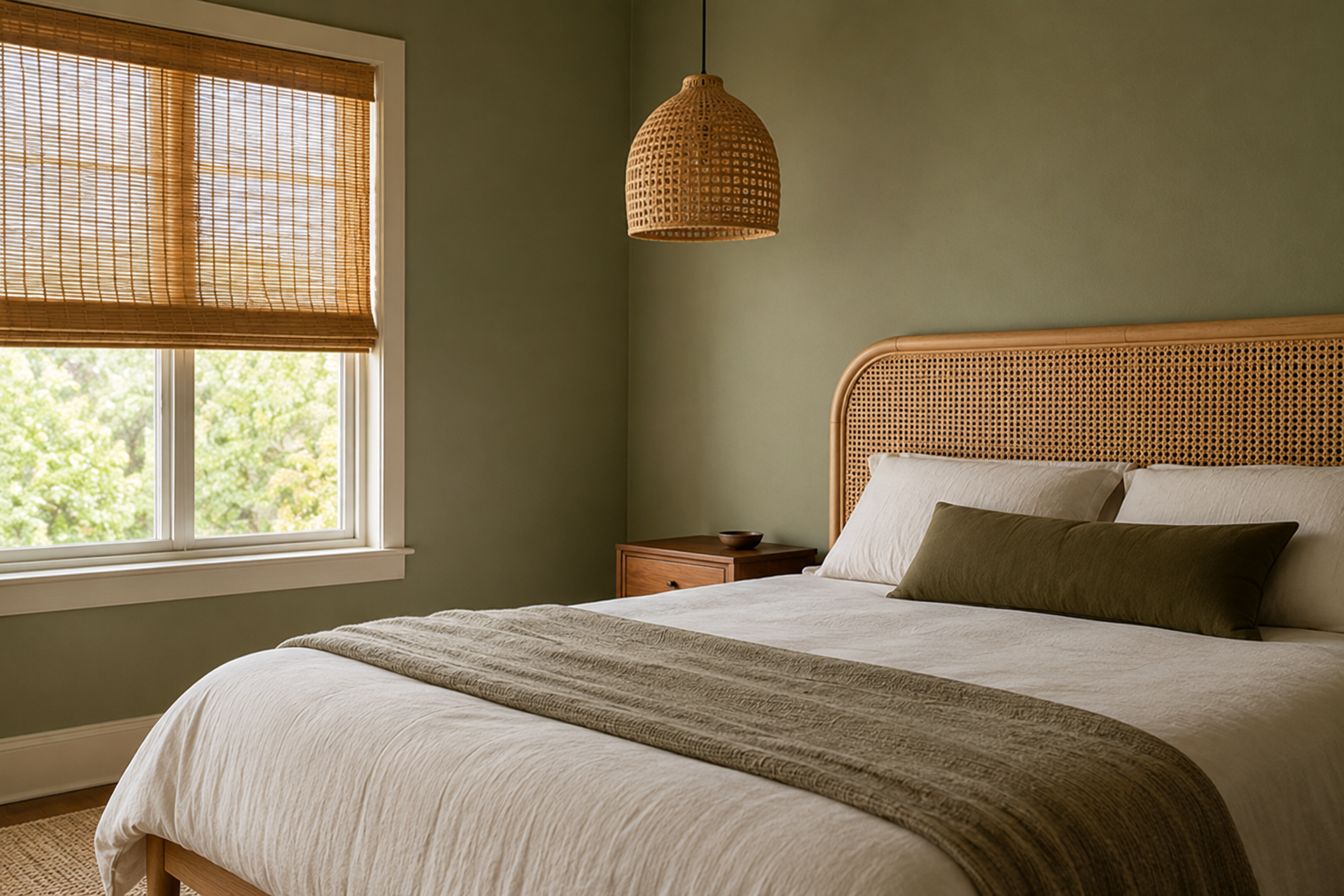Rattan headboard and pendant light in a sage green bedroom