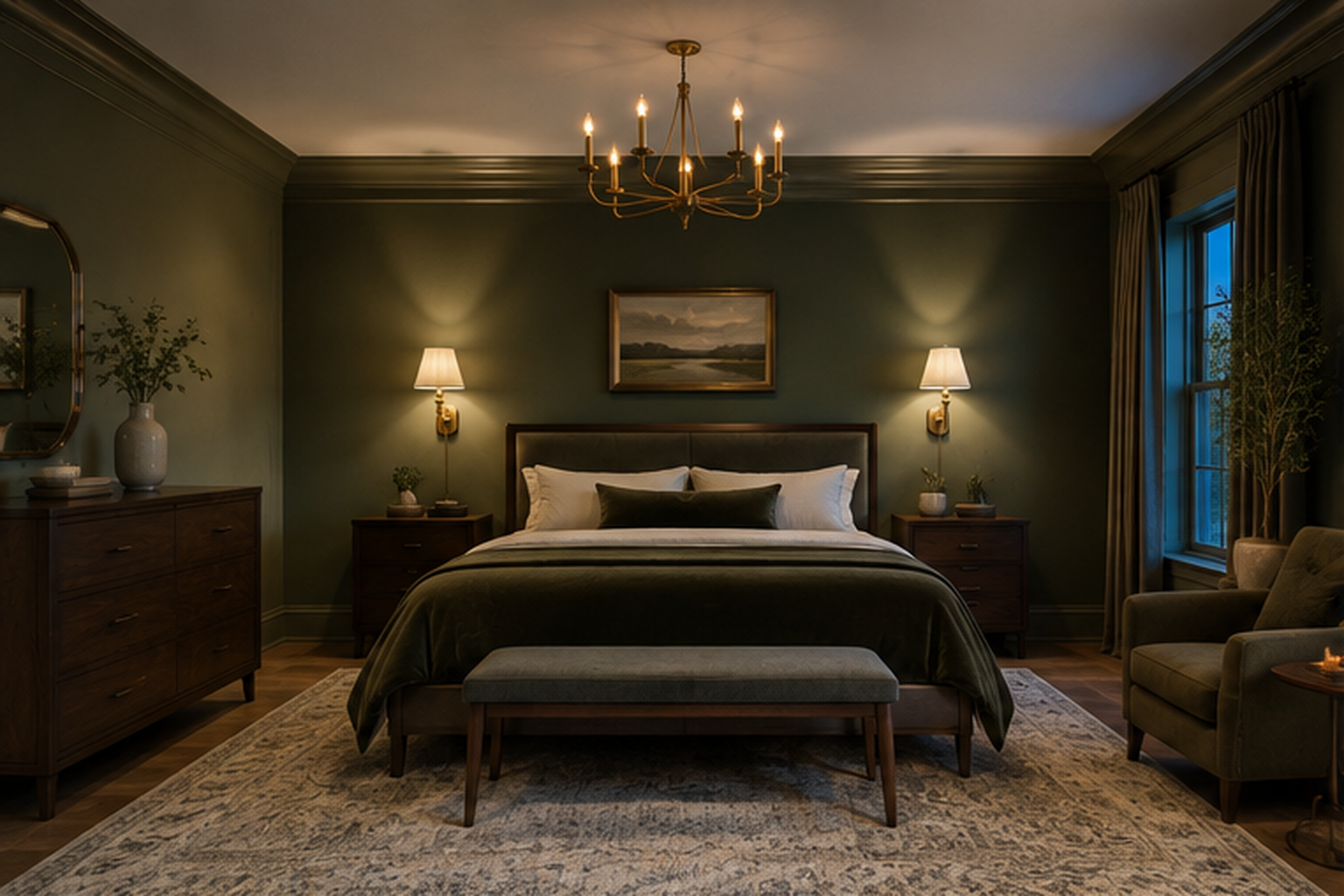 Deep sage green primary bedroom with moody evening lighting