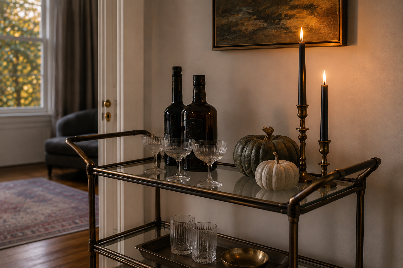 Bar cart styled with dark glass bottles and candlelight for Halloween