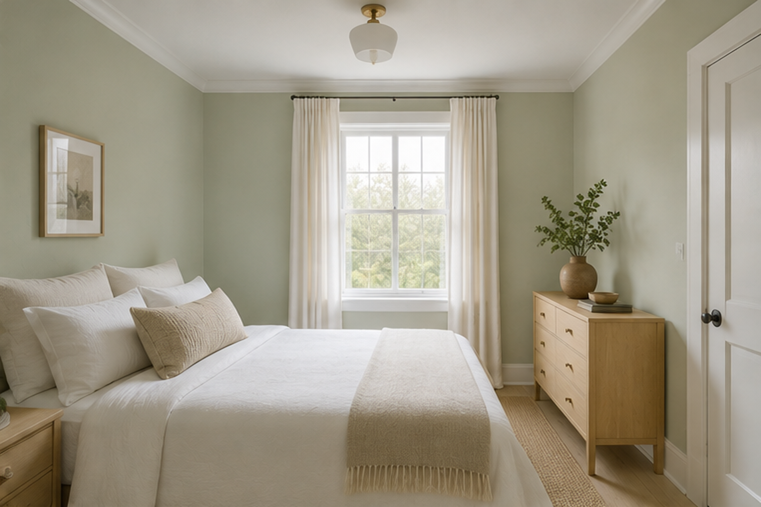 Pale sage green walls in a small bedroom with light oak furniture