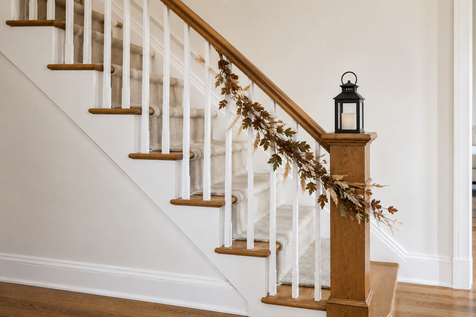 Staircase banister wrapped with a dried leaf and branch garland