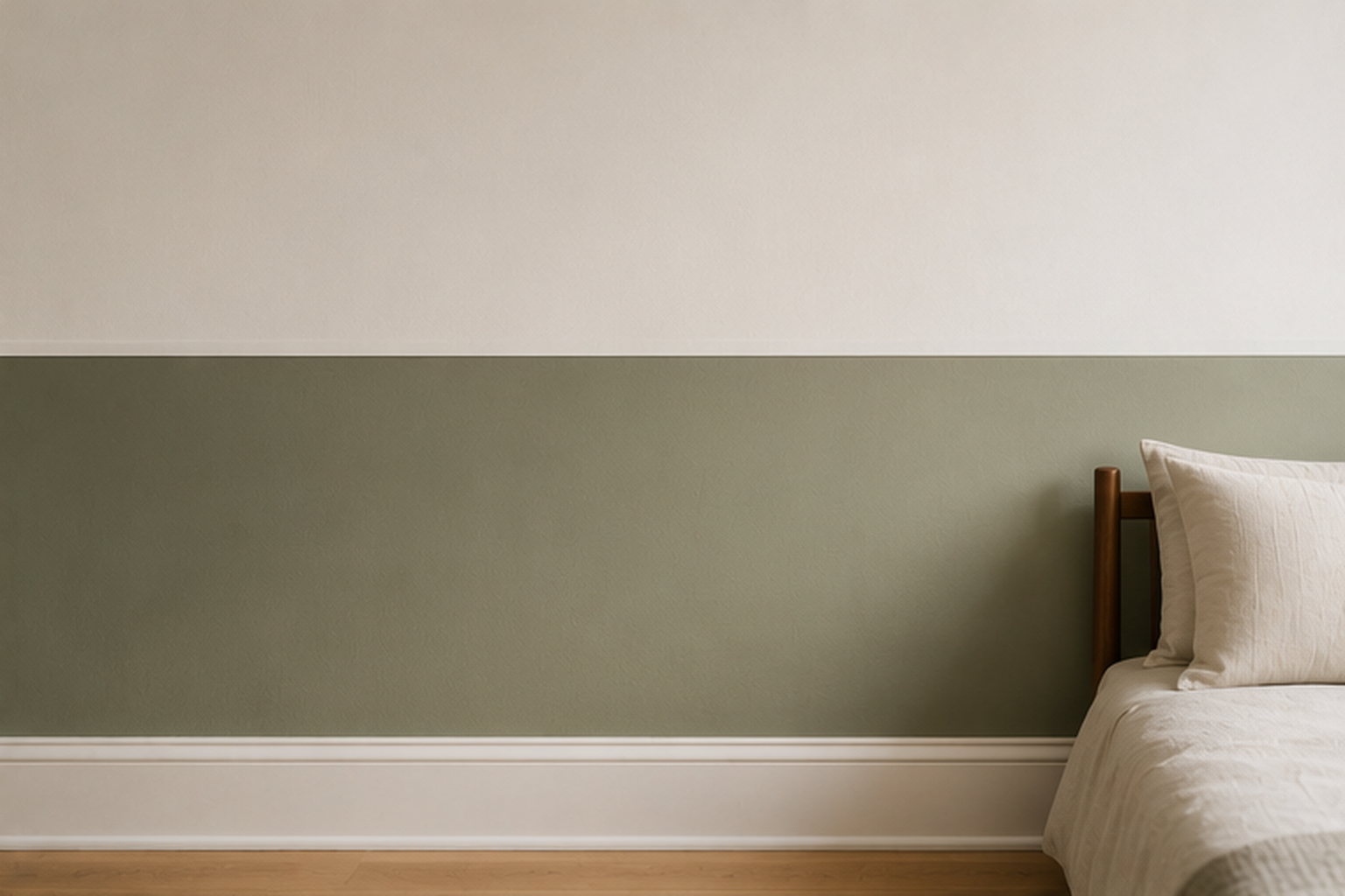Two-tone bedroom wall with sage green paint below a horizontal line and white above