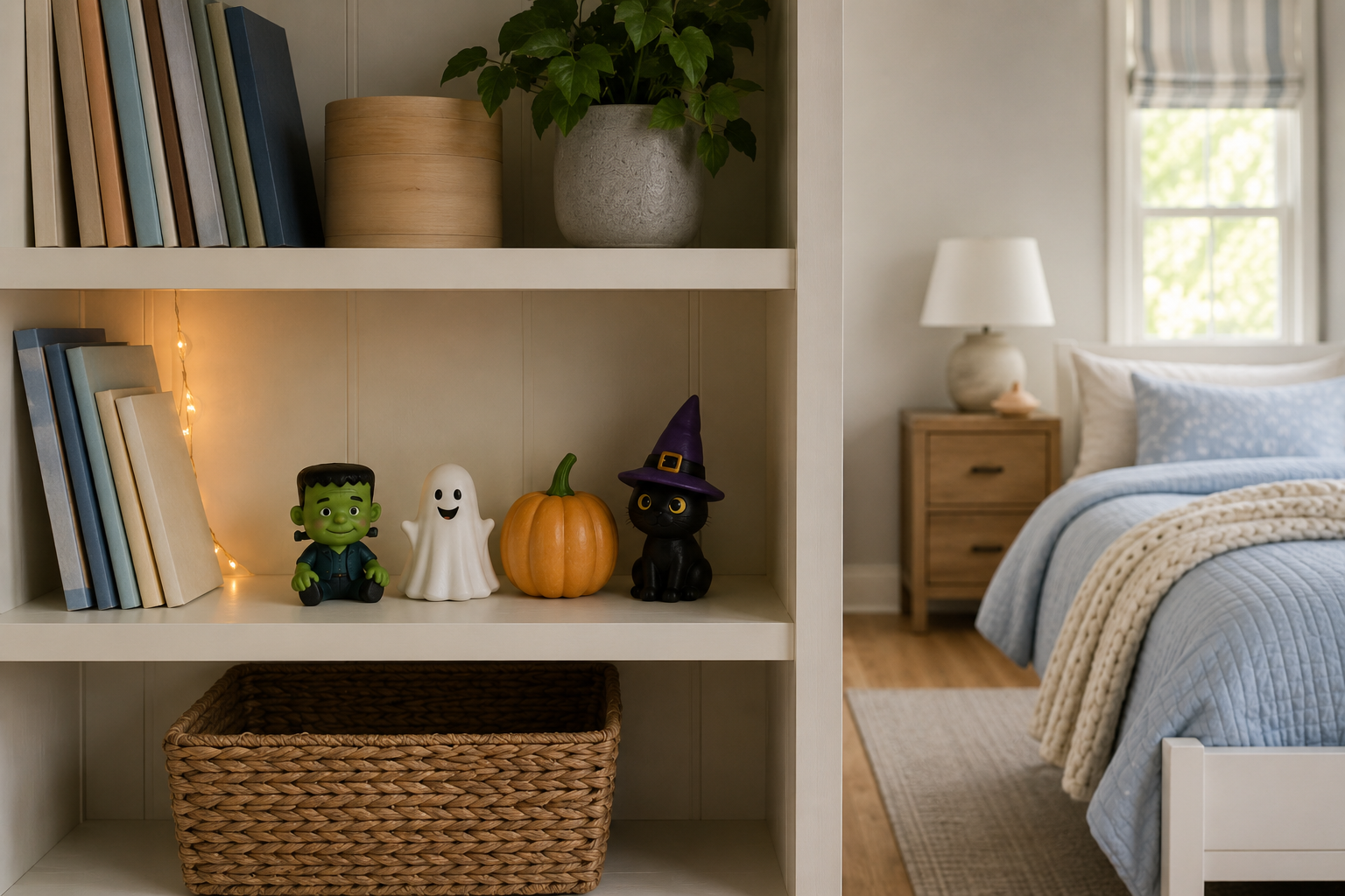Kids' bookshelf styled with playful Halloween decor