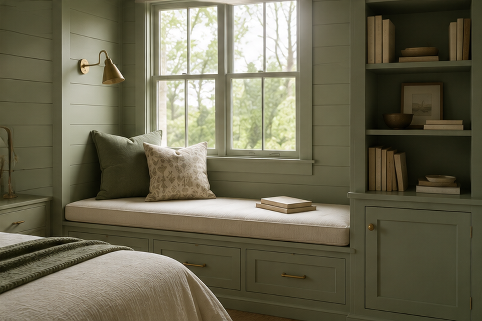 Built-in window seat painted sage green with a cushion and reading light