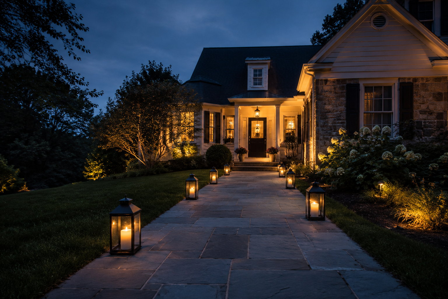 Candle lanterns lighting a front walkway at dusk