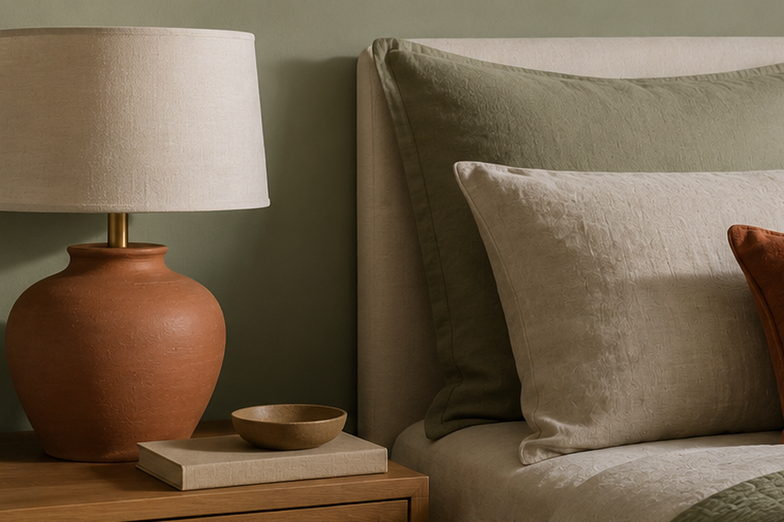 Terracotta lamp and pillow styled against sage green bedding