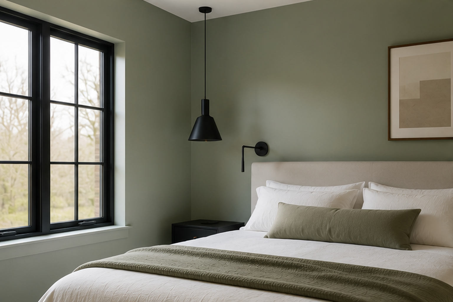 Matte black window frame in a sage green bedroom