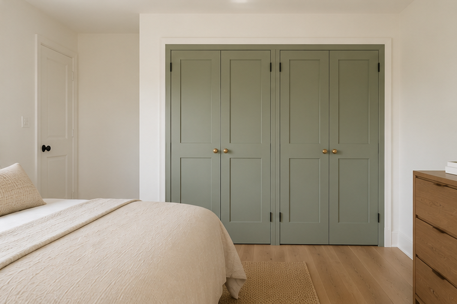 Sage green painted closet doors in an otherwise white bedroom