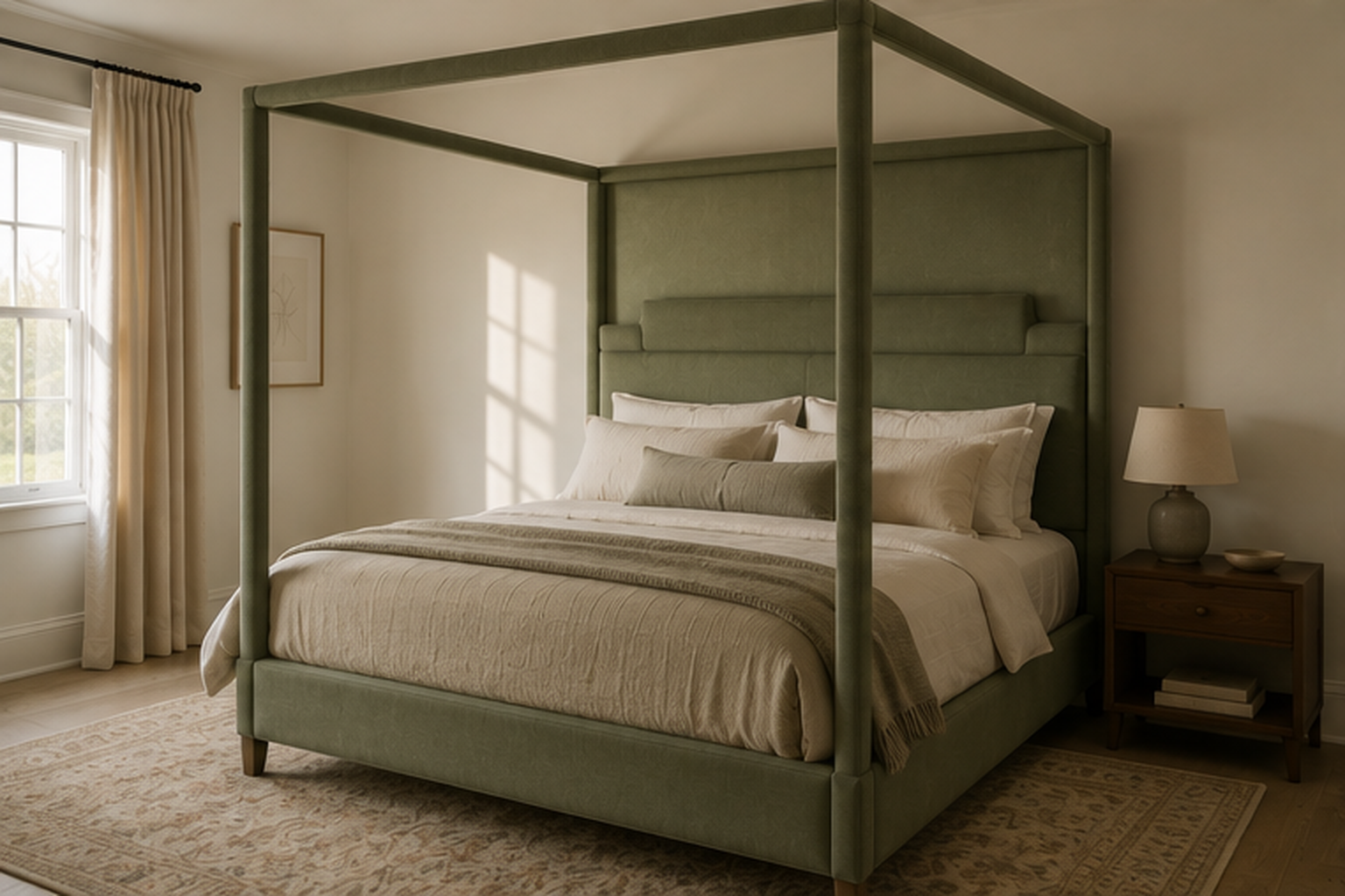 Sage green upholstered canopy bed against a neutral wall