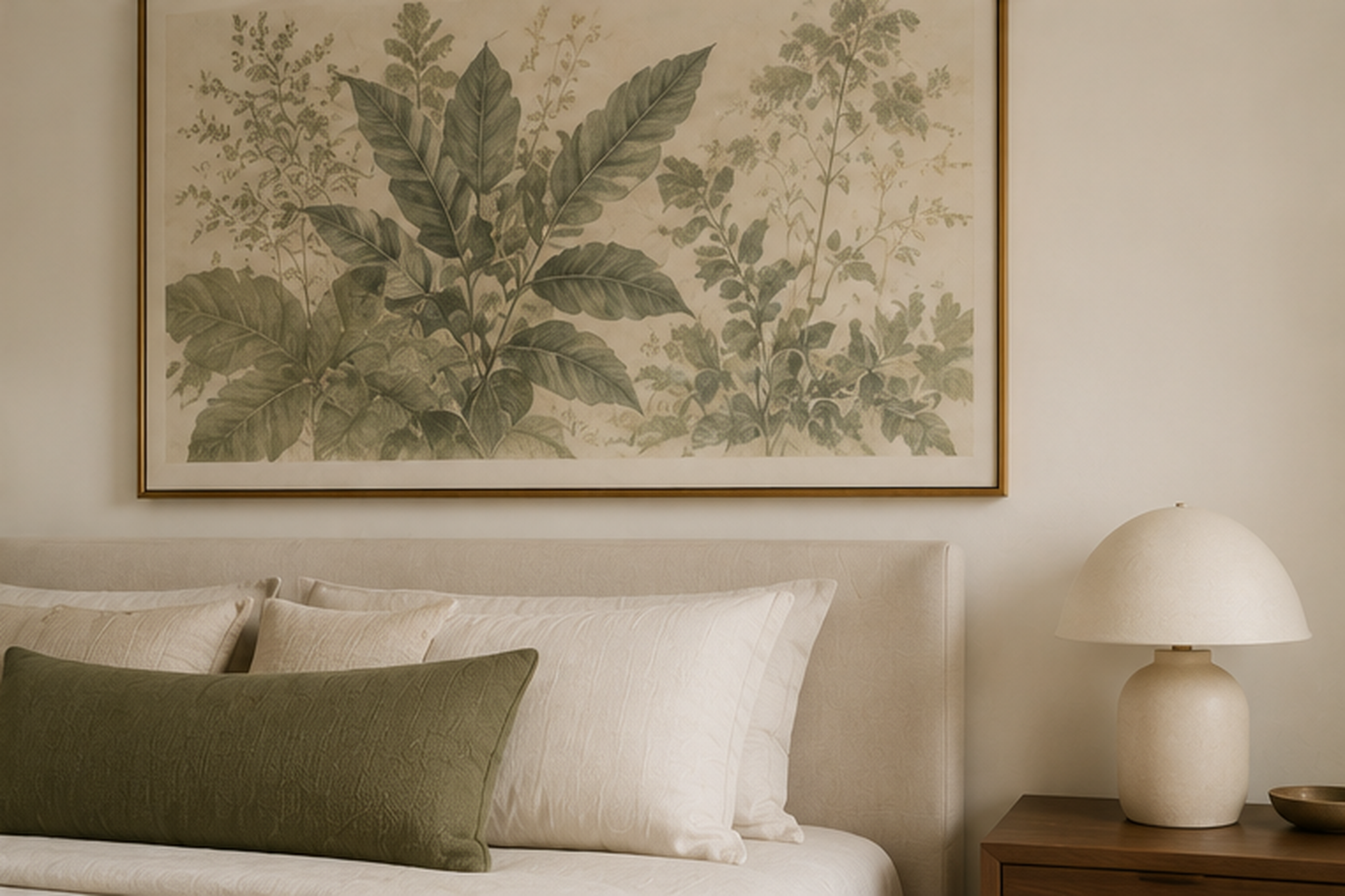 Large botanical print in sage tones above a bed with white walls