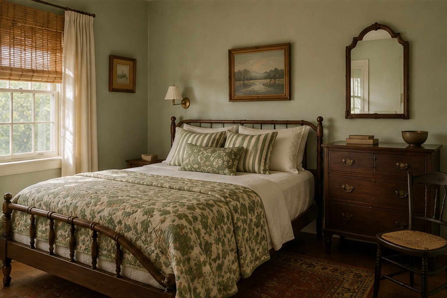 Sage green guest bedroom with patterned pillows and vintage-style furniture