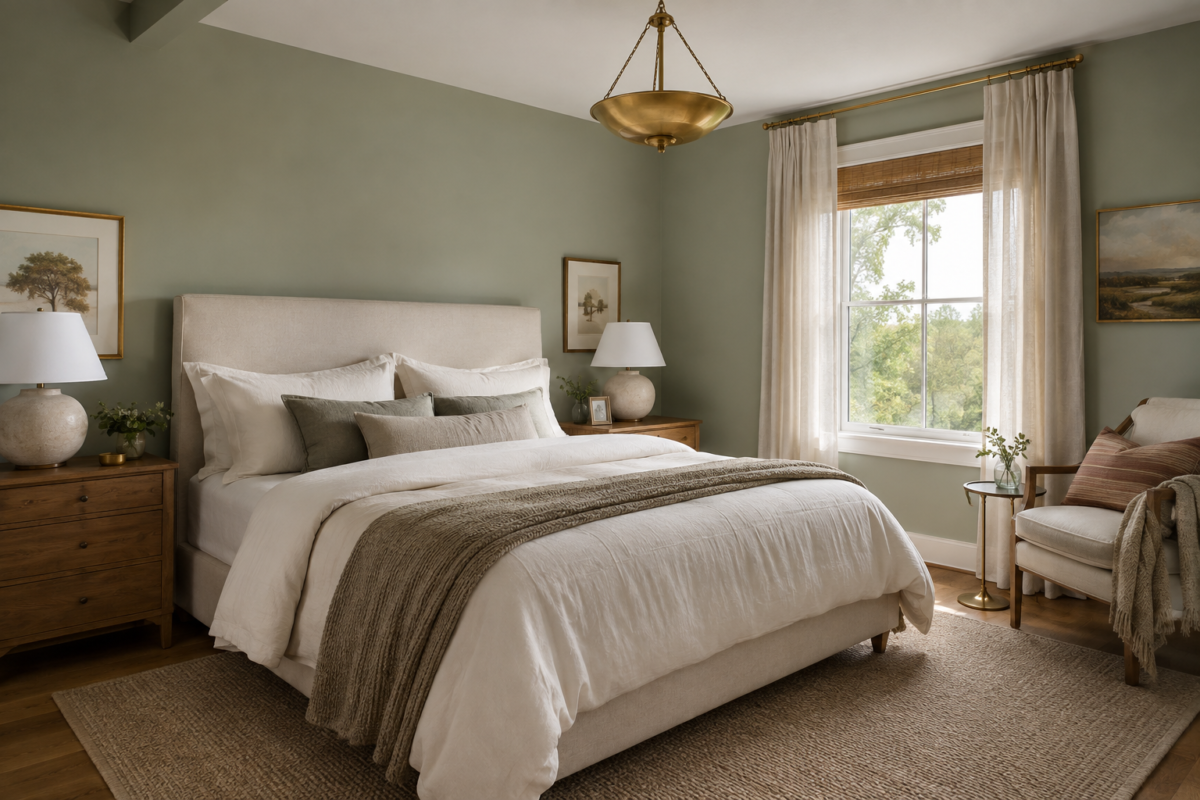 Sage green primary bedroom with a centered bed and white-trimmed window.