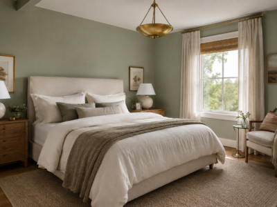 Sage green primary bedroom with a centered bed and white-trimmed window.