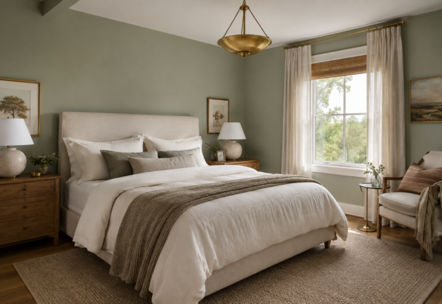 Sage green primary bedroom with a centered bed and white-trimmed window.