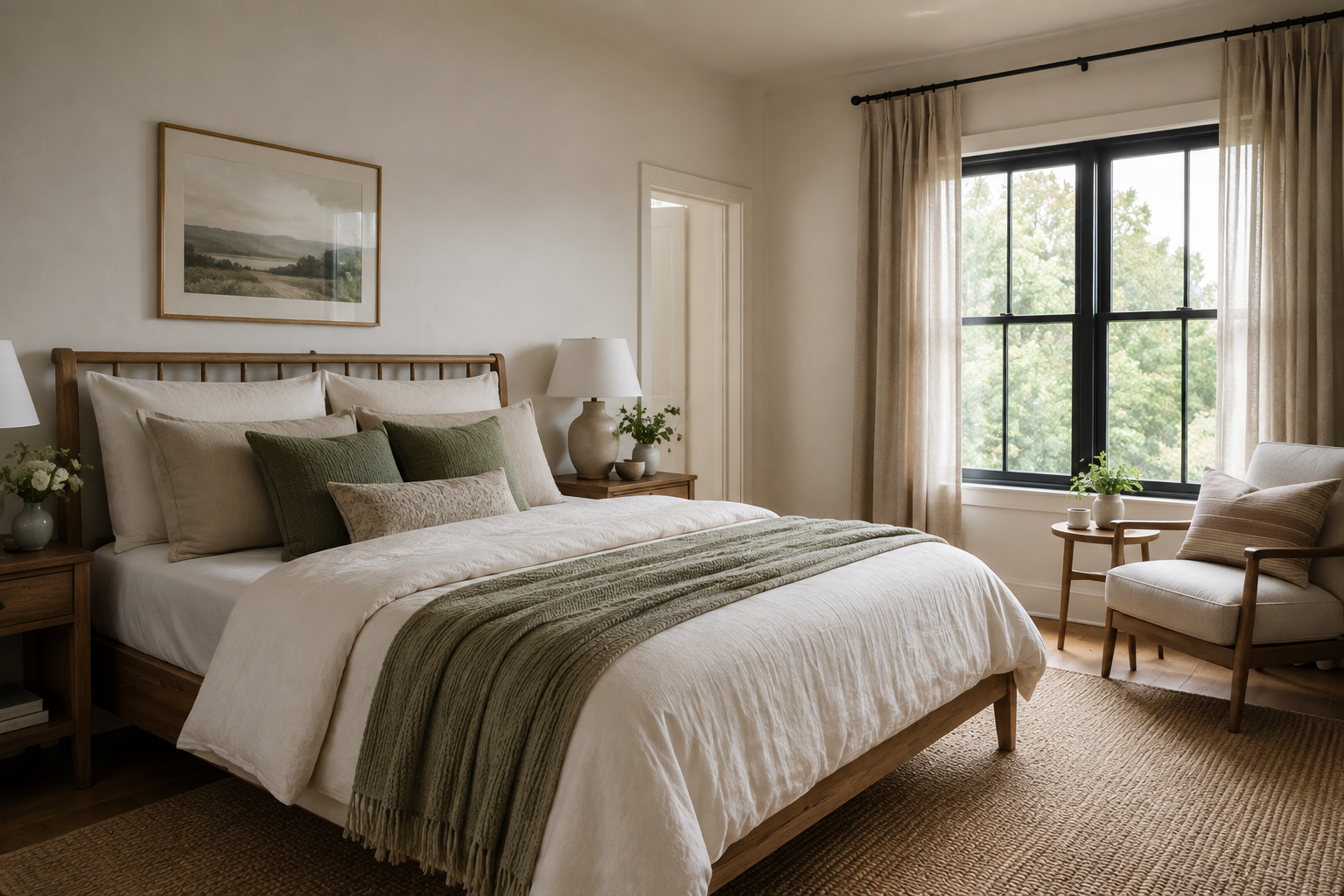 Sage green pillows and a sage throw styled on a white bed.