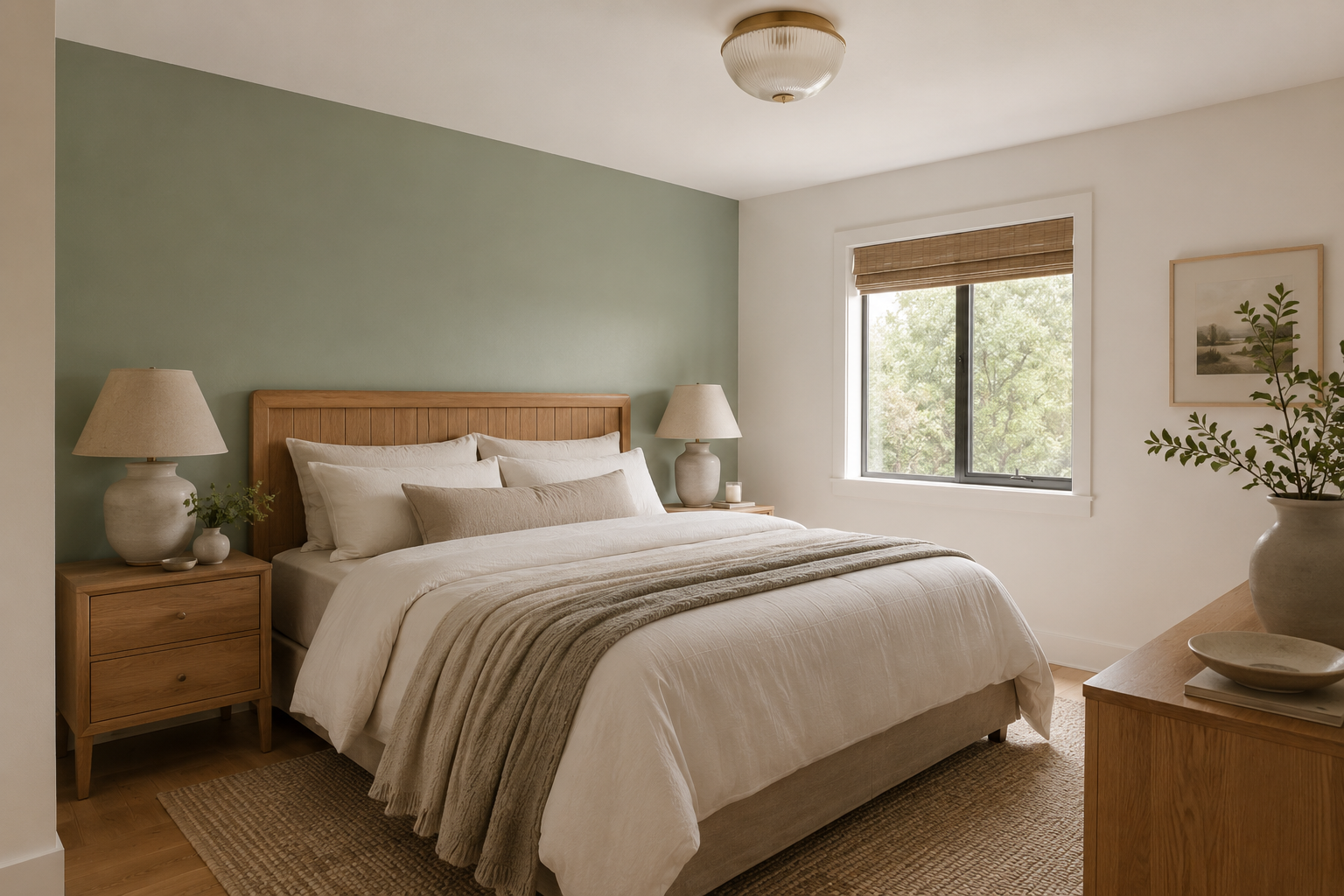 Sage green accent wall behind a bed with a warm wood headboard.
