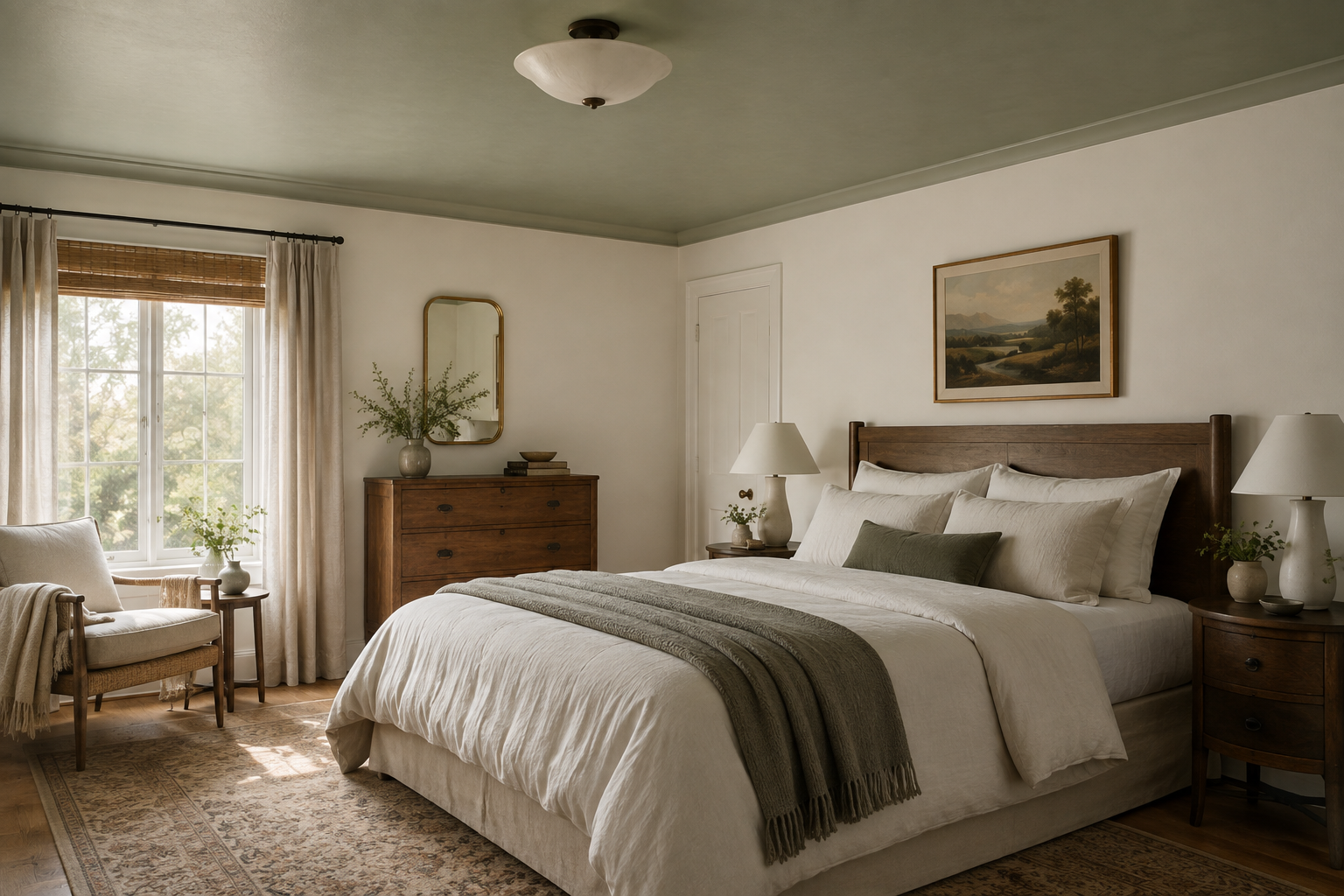 Sage green painted ceiling in a white bedroom with crown molding.