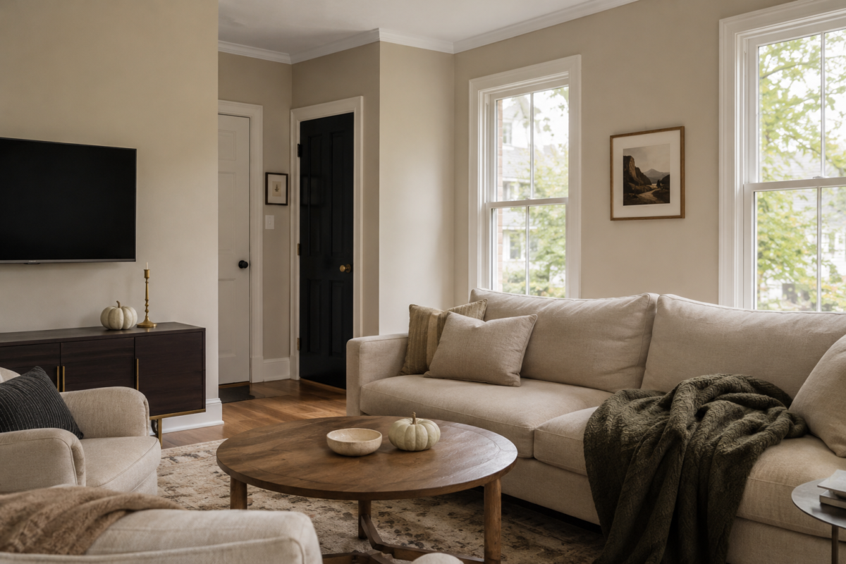 Living room styled for Halloween with restrained, neutral seasonal decor