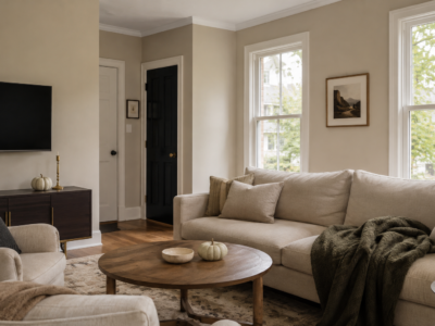 Living room styled for Halloween with restrained, neutral seasonal decor