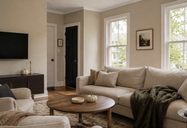 Living room styled for Halloween with restrained, neutral seasonal decor