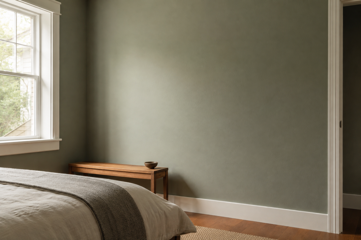 Warm gray-based green paint on a bedroom wall in natural daylight