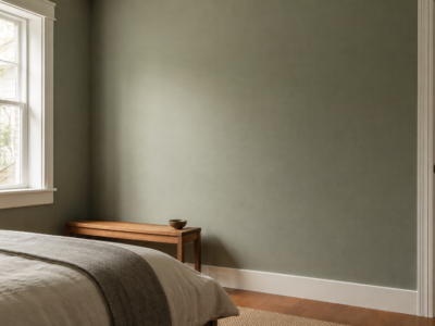 Warm gray-based green paint on a bedroom wall in natural daylight