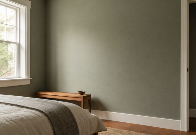 Warm gray-based green paint on a bedroom wall in natural daylight