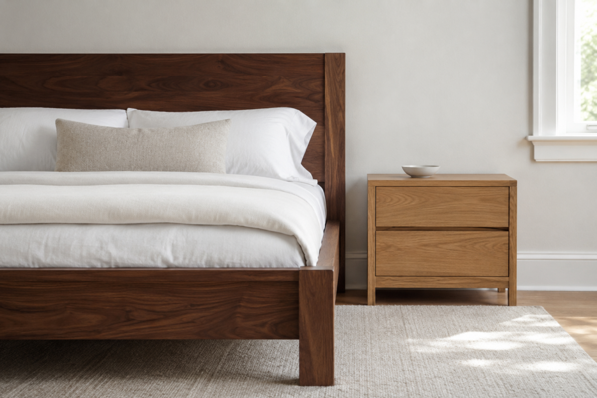 Bedroom with a walnut bed frame and an oak nightstand as a wood tone pairing example