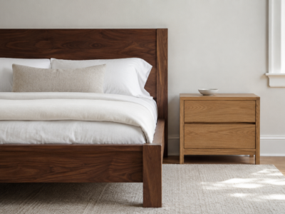 Bedroom with a walnut bed frame and an oak nightstand as a wood tone pairing example