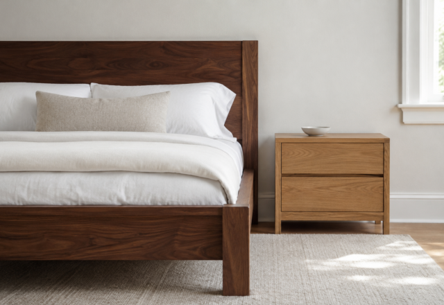 Bedroom with a walnut bed frame and an oak nightstand as a wood tone pairing example