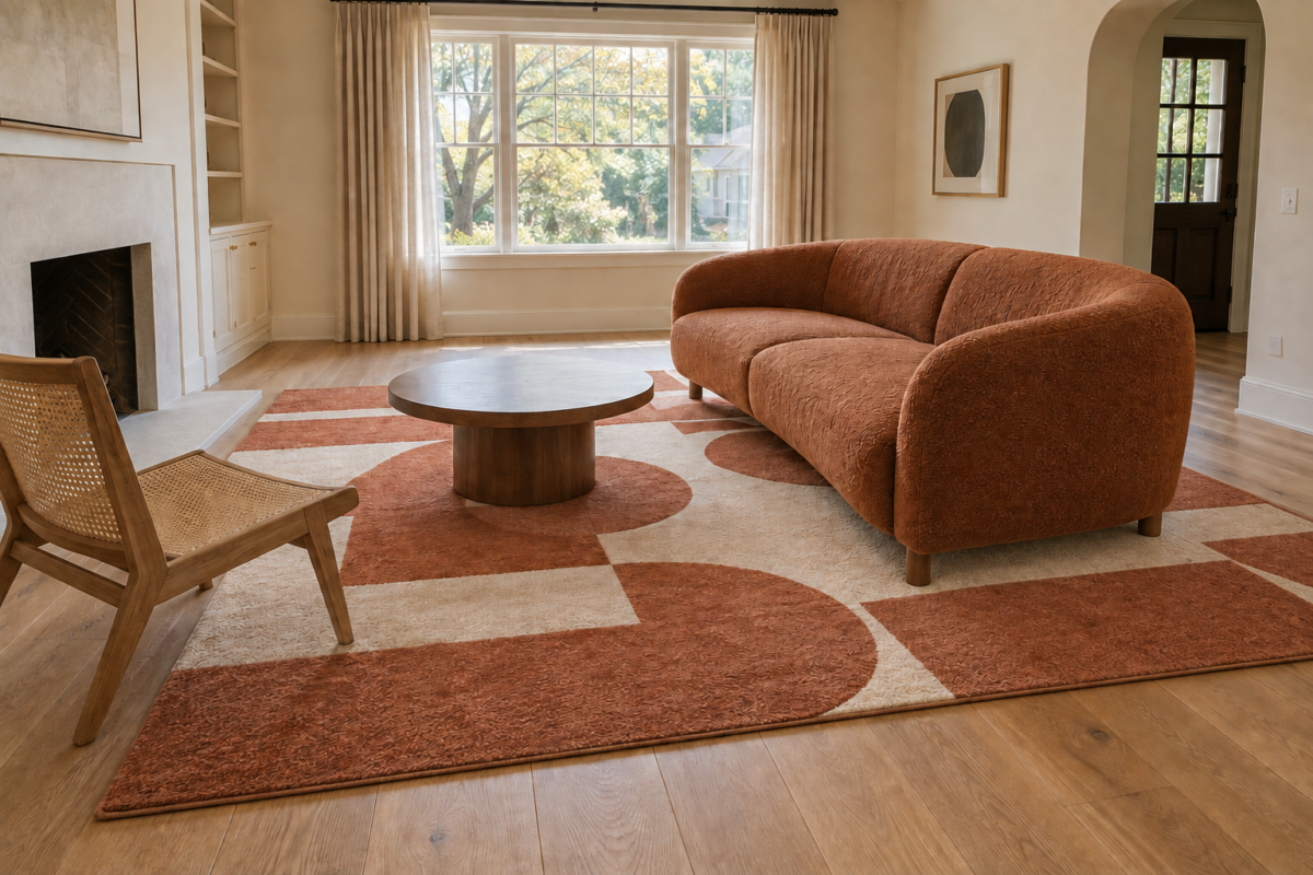 A living room with a curved rust-toned sofa and a walnut pedestal coffee table, its front legs on a terracotta rug while its back legs sit on bare oak flooring, the coffee table fully on the rug.