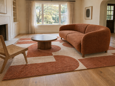 A living room with a curved rust-toned sofa and a walnut pedestal coffee table, its front legs on a terracotta rug while its back legs sit on bare oak flooring, the coffee table fully on the rug.
