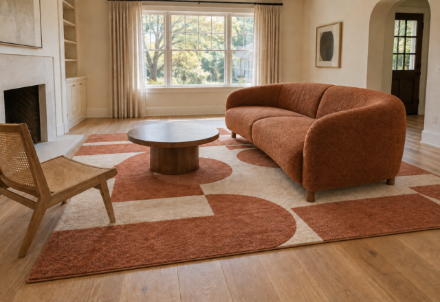 A living room with a curved rust-toned sofa and a walnut pedestal coffee table, its front legs on a terracotta rug while its back legs sit on bare oak flooring, the coffee table fully on the rug.