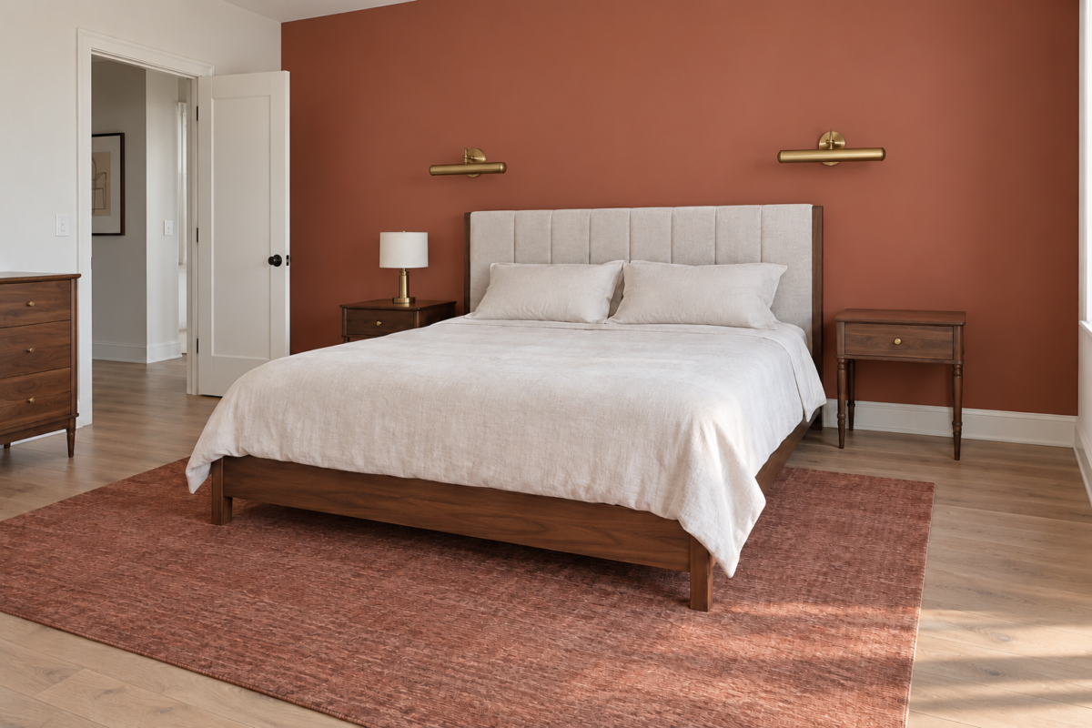A walnut platform bed against a terracotta accent wall with brass sconces, clear walking space visible on both sides.