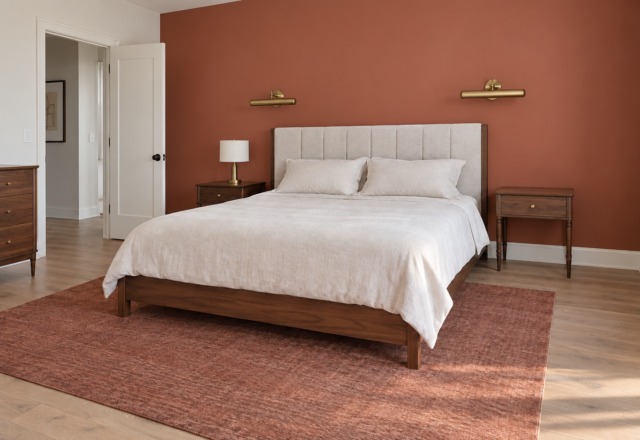 A walnut platform bed against a terracotta accent wall with brass sconces, clear walking space visible on both sides.