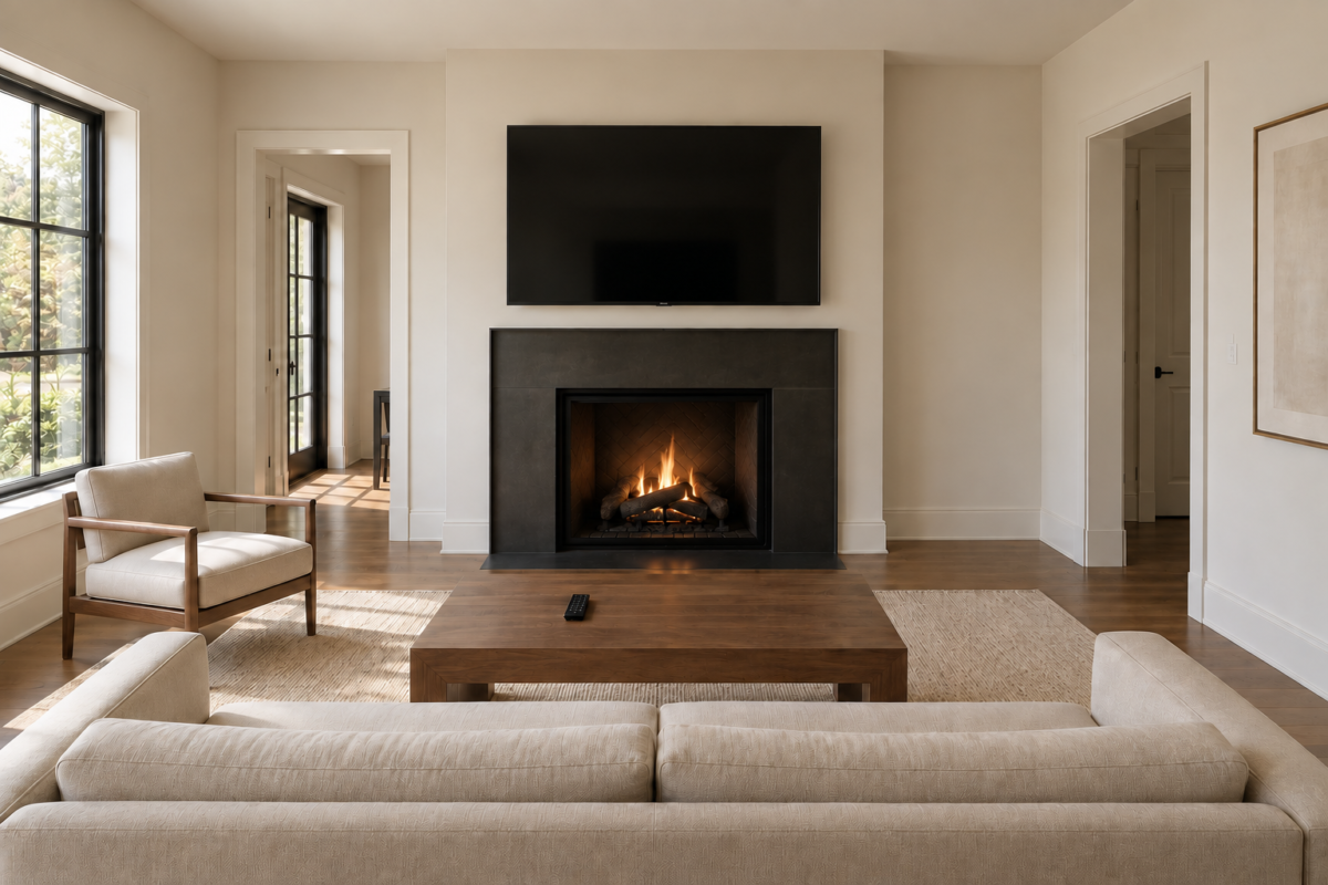 A living room with a TV mounted above a fireplace on the same wall, sofa facing both directly.
